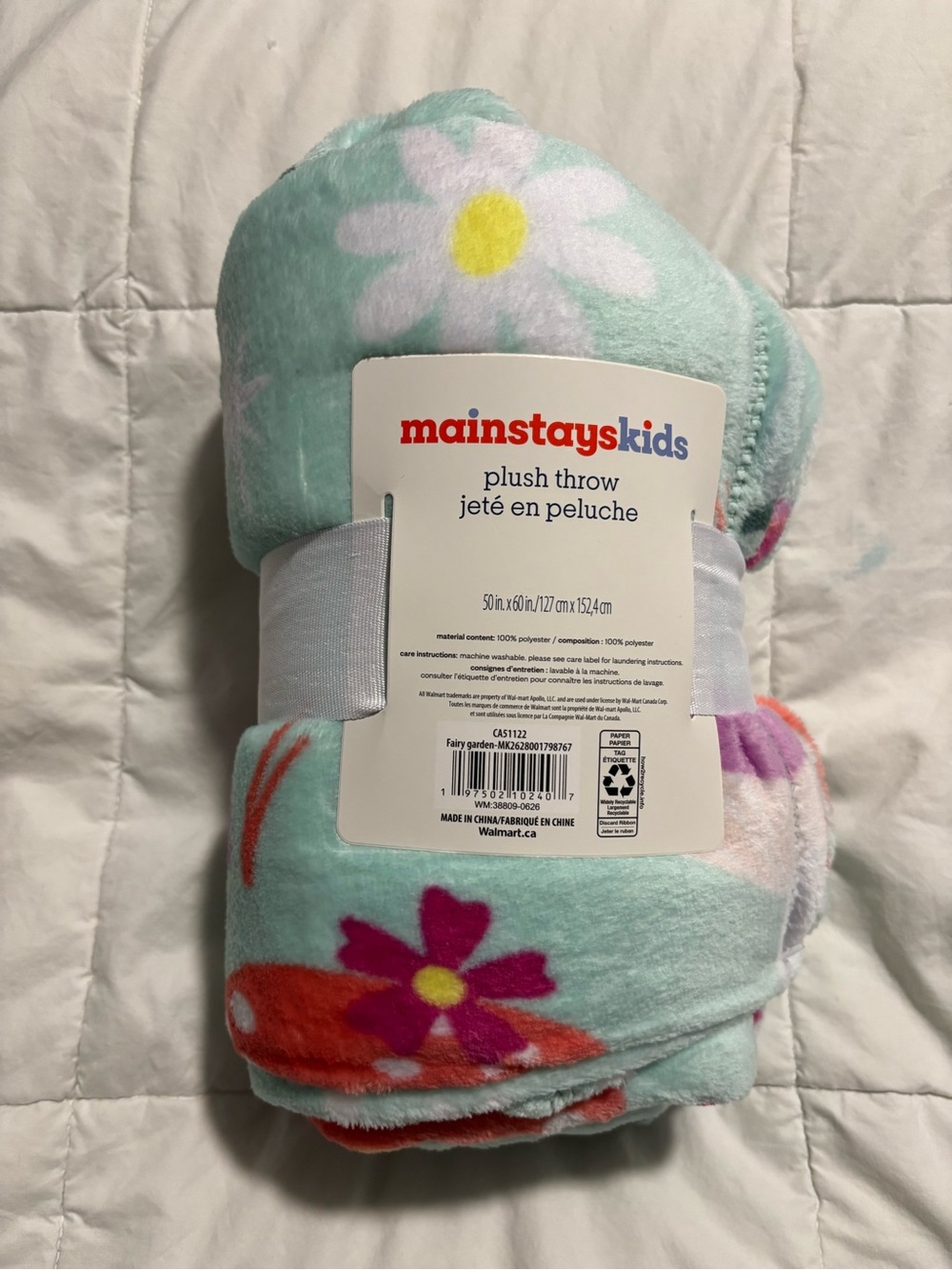 Mainstays Kids Mint Floral Plush Throw Blanket Pink & Yellow Accents Mushrooms